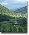 The view from top of Carpathian Mountains in region of Zakarpattiy on a small river name Tisa
